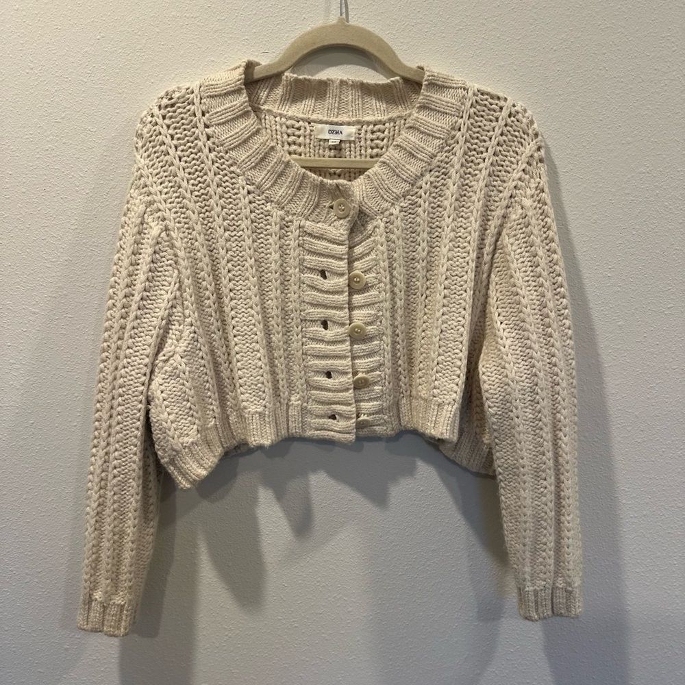 OZMA Louise Cardigan, Eco-Soft Alpaca Cotton Cropped Sweater in Cream XS